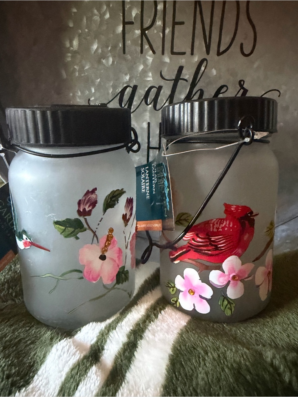 NEW Evergreen Set 2 Frosted Glass Bird/Floral  Mason Jar Hanging Solar Lanterns